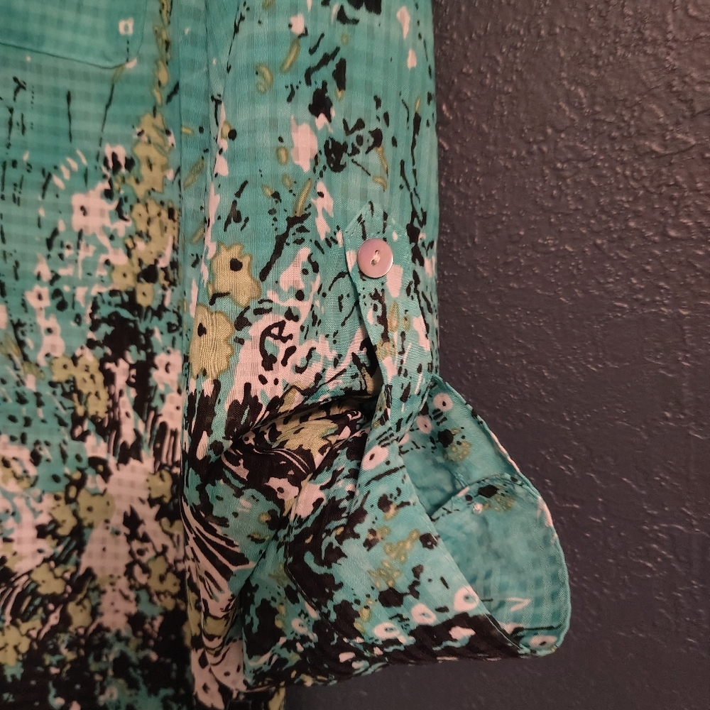 Western Turquoise Abstract Front Upper Pockets Rodeo Button Down Shirt - Picture 6 of 8